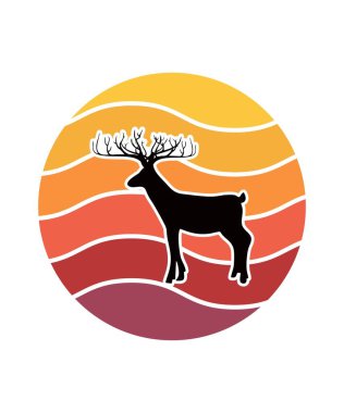Geyik Günbatımı Tasarım şablonu. Logo, rozet, tişört, POD ve kitap kapağı için vektör tasarımı şablonu. İzole edilmiş beyaz arkaplan.
