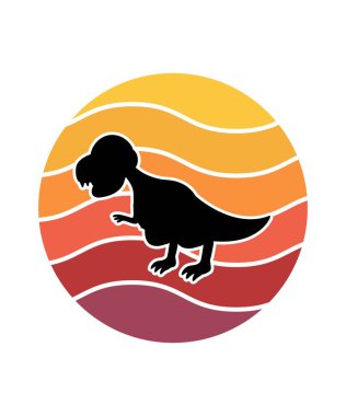 Dinozorlar Retro Sunset tasarım şablonu. Logo, rozet, tişört, POD ve kitap kapağı için vektör tasarımı şablonu. İzole edilmiş beyaz arkaplan.