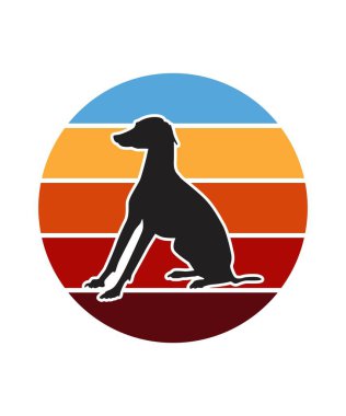 Dog Retro Sunset Tasarım Şablonu. Logo, rozet, tişört, POD ve kitap kapağı için vektör tasarımı şablonu. İzole edilmiş beyaz arkaplan.