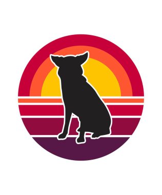 Dog Retro Sunset Tasarım Şablonu. Logo, rozet, tişört, POD ve kitap kapağı için vektör tasarımı şablonu. İzole edilmiş beyaz arkaplan.