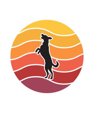 Dog Retro Sunset Tasarım Şablonu. Logo, rozet, tişört, POD ve kitap kapağı için vektör tasarımı şablonu. İzole edilmiş beyaz arkaplan.