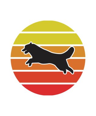 Dog Retro Sunset Tasarım Şablonu. Logo, rozet, tişört, POD ve kitap kapağı için vektör tasarımı şablonu. İzole edilmiş beyaz arkaplan.