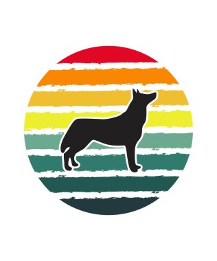 Dog Retro Sunset Tasarım Şablonu. Logo, rozet, tişört, POD ve kitap kapağı için vektör tasarımı şablonu. İzole edilmiş beyaz arkaplan.