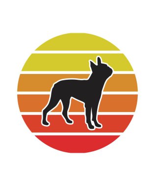 Dog Retro Sunset Tasarım Şablonu. Logo, rozet, tişört, POD ve kitap kapağı için vektör tasarımı şablonu. İzole edilmiş beyaz arkaplan.