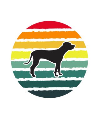 Dog Retro Sunset Tasarım Şablonu. Logo, rozet, tişört, POD ve kitap kapağı için vektör tasarımı şablonu. İzole edilmiş beyaz arkaplan.