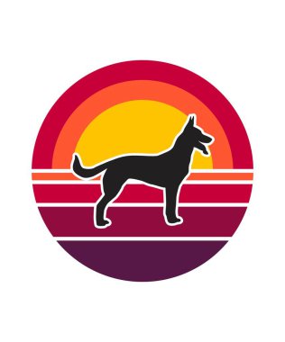 Dog Retro Sunset Tasarım Şablonu. Logo, rozet, tişört, POD ve kitap kapağı için vektör tasarımı şablonu. İzole edilmiş beyaz arkaplan.