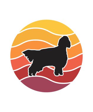 Dog Retro Sunset Tasarım Şablonu. Logo, rozet, tişört, POD ve kitap kapağı için vektör tasarımı şablonu. İzole edilmiş beyaz arkaplan.
