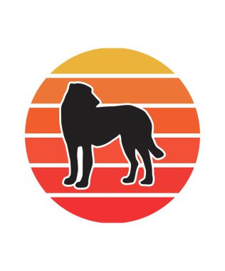 Dog Retro Sunset Tasarım Şablonu. Logo, rozet, tişört, POD ve kitap kapağı için vektör tasarımı şablonu. İzole edilmiş beyaz arkaplan.