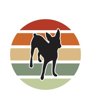 Dog Retro Sunset Tasarım Şablonu. Logo, rozet, tişört, POD ve kitap kapağı için vektör tasarımı şablonu. İzole edilmiş beyaz arkaplan.