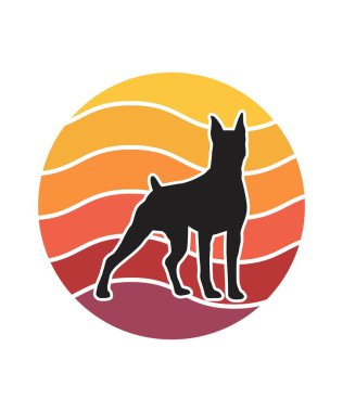 Dog Retro Sunset Tasarım Şablonu. Logo, rozet, tişört, POD ve kitap kapağı için vektör tasarımı şablonu. İzole edilmiş beyaz arkaplan.