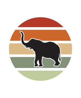 Fil Retro Sunset Tasarım Şablonu. Logo, rozet, tişört, POD ve kitap kapağı için vektör tasarımı şablonu. İzole edilmiş beyaz arkaplan.