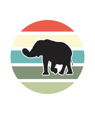 Fil Retro Sunset Tasarım Şablonu. Logo, rozet, tişört, POD ve kitap kapağı için vektör tasarımı şablonu. İzole edilmiş beyaz arkaplan.