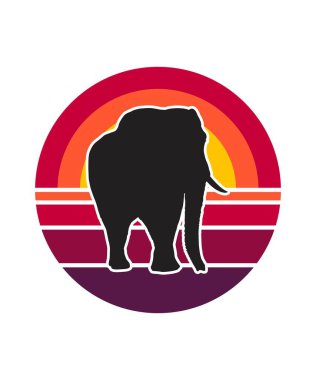 Fil Retro Sunset Tasarım Şablonu. Logo, rozet, tişört, POD ve kitap kapağı için vektör tasarımı şablonu. İzole edilmiş beyaz arkaplan.