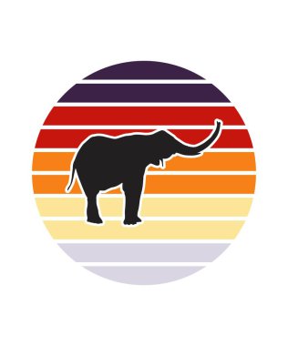 Fil Retro Sunset Tasarım Şablonu. Logo, rozet, tişört, POD ve kitap kapağı için vektör tasarımı şablonu. İzole edilmiş beyaz arkaplan.