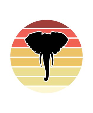 Fil Retro Sunset Tasarım Şablonu. Logo, rozet, tişört, POD ve kitap kapağı için vektör tasarımı şablonu. İzole edilmiş beyaz arkaplan.