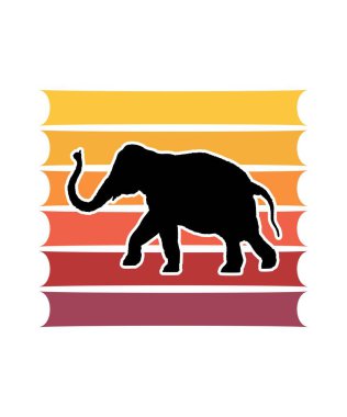 Fil Retro Sunset Tasarım Şablonu. Logo, rozet, tişört, POD ve kitap kapağı için vektör tasarımı şablonu. İzole edilmiş beyaz arkaplan.