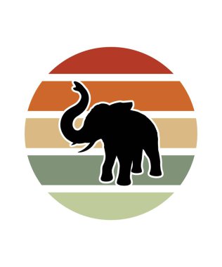 Fil Retro Sunset Tasarım Şablonu. Logo, rozet, tişört, POD ve kitap kapağı için vektör tasarımı şablonu. İzole edilmiş beyaz arkaplan.