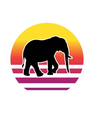 Fil Retro Sunset Tasarım Şablonu. Logo, rozet, tişört, POD ve kitap kapağı için vektör tasarımı şablonu. İzole edilmiş beyaz arkaplan.