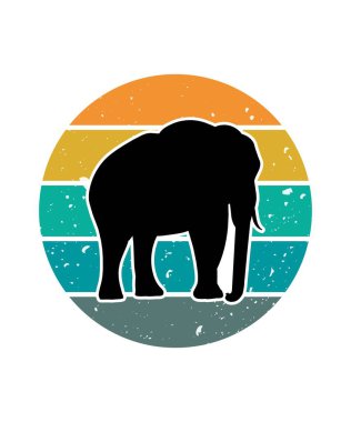 Fil Retro Sunset Tasarım Şablonu. Logo, rozet, tişört, POD ve kitap kapağı için vektör tasarımı şablonu. İzole edilmiş beyaz arkaplan.