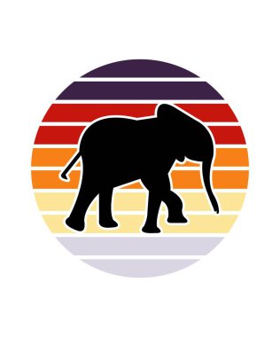 Fil Retro Sunset Tasarım Şablonu. Logo, rozet, tişört, POD ve kitap kapağı için vektör tasarımı şablonu. İzole edilmiş beyaz arkaplan.