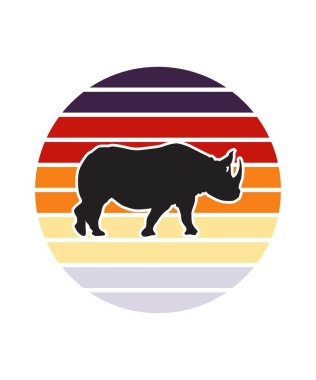 Hippo Retro Günbatımı Tasarım şablonu. Logo, rozet, tişört, POD ve kitap kapağı için vektör tasarımı şablonu. İzole edilmiş beyaz arkaplan.