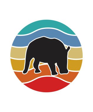 Hippo Retro Günbatımı Tasarım şablonu. Logo, rozet, tişört, POD ve kitap kapağı için vektör tasarımı şablonu. İzole edilmiş beyaz arkaplan.