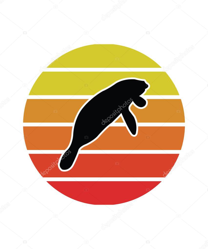 Manatee Retro Sunset Design template. Vector design template for logo, badges, t-shirt, POD and book cover. Isolated white background.