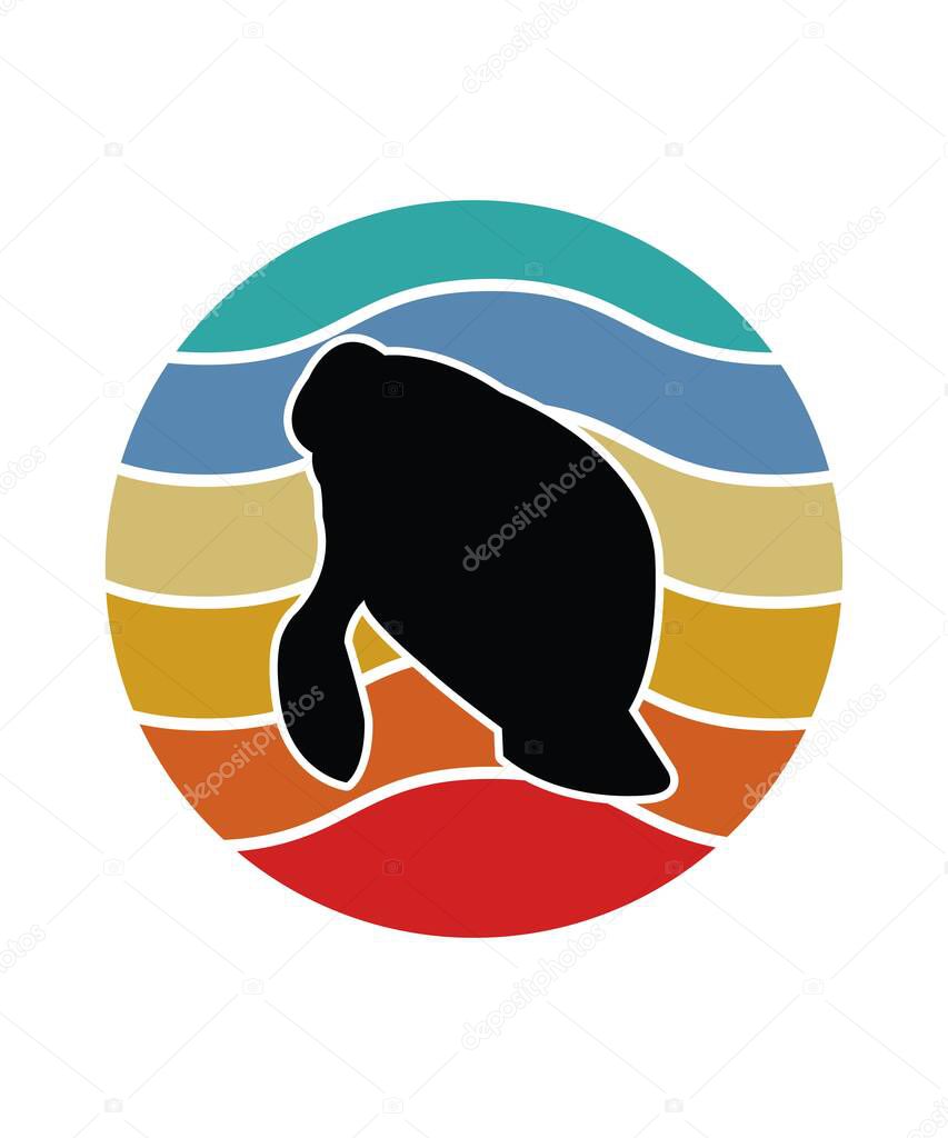 Manatee Retro Sunset Design template. Vector design template for logo, badges, t-shirt, POD and book cover. Isolated white background.