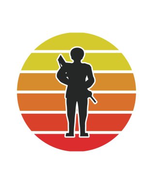 Askeri Retro Sunset Tasarım Şablonu. Logo, rozet, tişört, POD ve kitap kapağı için vektör tasarımı şablonu. İzole edilmiş beyaz arkaplan.
