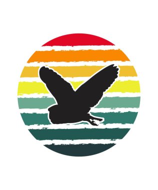 Baykuş Retro Sunset Tasarım Şablonu. Logo, rozet, tişört, POD ve kitap kapağı için vektör tasarımı şablonu. İzole edilmiş beyaz arkaplan.