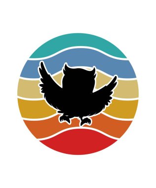 Baykuş Retro Sunset Tasarım Şablonu. Logo, rozet, tişört, POD ve kitap kapağı için vektör tasarımı şablonu. İzole edilmiş beyaz arkaplan.