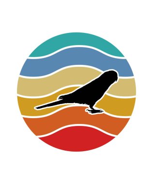 Papağan Retro Günbatımı Tasarım şablonu. Logo, rozet, tişört, POD ve kitap kapağı için vektör tasarımı şablonu. İzole edilmiş beyaz arkaplan.