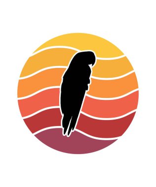 Papağan Retro Günbatımı Tasarım şablonu. Logo, rozet, tişört, POD ve kitap kapağı için vektör tasarımı şablonu. İzole edilmiş beyaz arkaplan.