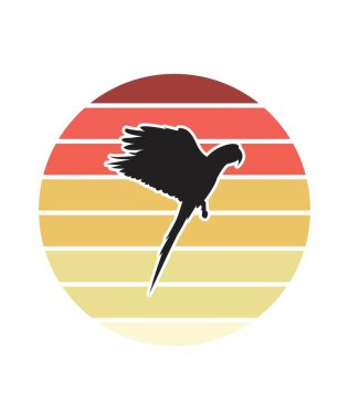 Papağan Retro Günbatımı Tasarım şablonu. Logo, rozet, tişört, POD ve kitap kapağı için vektör tasarımı şablonu. İzole edilmiş beyaz arkaplan.