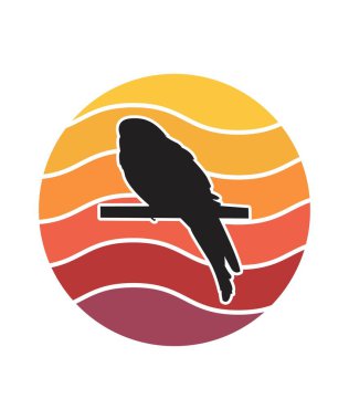 Papağan Retro Günbatımı Tasarım şablonu. Logo, rozet, tişört, POD ve kitap kapağı için vektör tasarımı şablonu. İzole edilmiş beyaz arkaplan.
