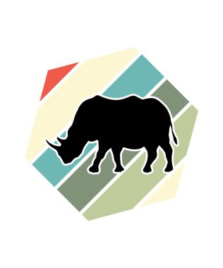 Gergedan Retro Günbatımı Tasarım şablonu. Logo, rozet, tişört, POD ve kitap kapağı için vektör tasarımı şablonu. İzole edilmiş beyaz arkaplan.