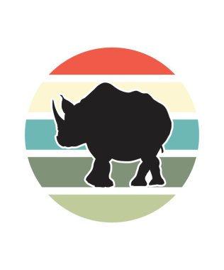 Gergedan Retro Günbatımı Tasarım şablonu. Logo, rozet, tişört, POD ve kitap kapağı için vektör tasarımı şablonu. İzole edilmiş beyaz arkaplan.