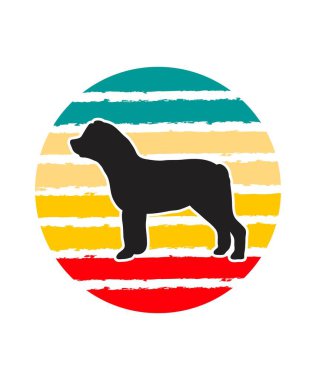 Rottweiler Retro Sunset Tasarım şablonu. Logo, rozet, tişört, POD ve kitap kapağı için vektör tasarımı şablonu. İzole edilmiş beyaz arkaplan.