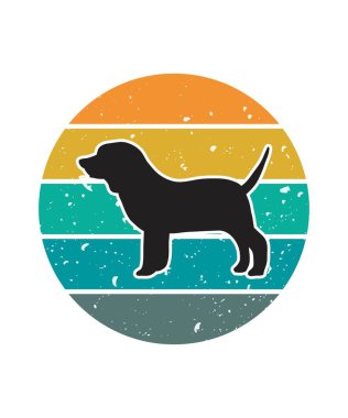 Rottweiler Retro Sunset Tasarım şablonu. Logo, rozet, tişört, POD ve kitap kapağı için vektör tasarımı şablonu. İzole edilmiş beyaz arkaplan.