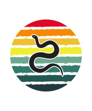 Snake Retro Sunset Tasarım Şablonu. Logo, rozet, tişört, POD ve kitap kapağı için vektör tasarımı şablonu. İzole edilmiş beyaz arkaplan.