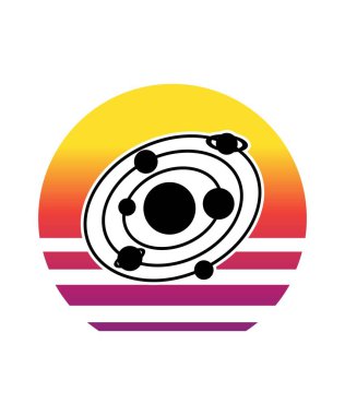 Uzay Retro Günbatımı Tasarım şablonu. Logo, rozet, tişört, POD ve kitap kapağı için vektör tasarımı şablonu. İzole edilmiş beyaz arkaplan.