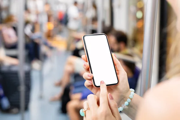 Person Using Phone While Riding Public Transport Mockup Screen Phone — Stock Photo, Image