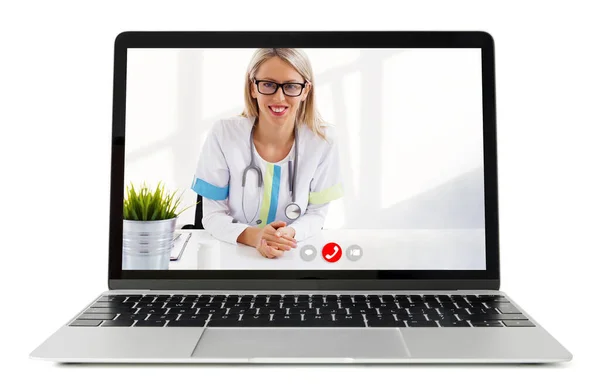 Parler Avec Médecin Sur Ordinateur Portable Chat Vidéo — Photo