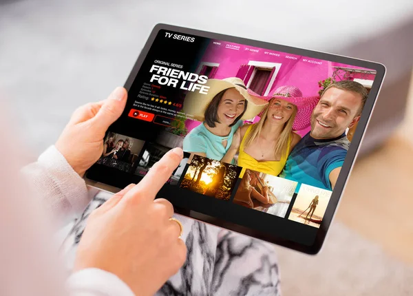 Person Using Video Streaming App Tablet Browsing Movies Series Watch — Stock Photo, Image