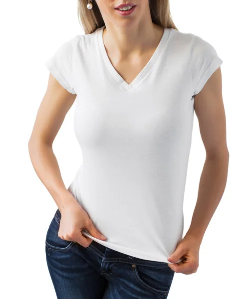 T-shirt blanc blanc col V femme pour votre design — Photo