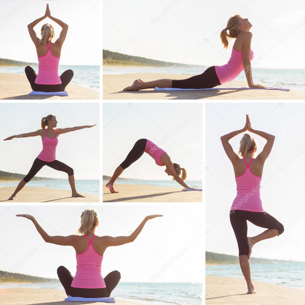 Collage of different yoga poses by young woman on the beach