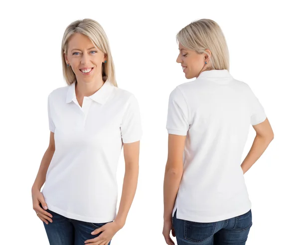 Frau trägt weißes Poloshirt, Vorder- und Rückansicht — Stockfoto