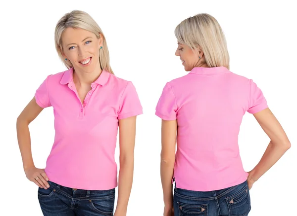 Frau trägt rosa Poloshirt, Vorder- und Rückansicht — Stockfoto