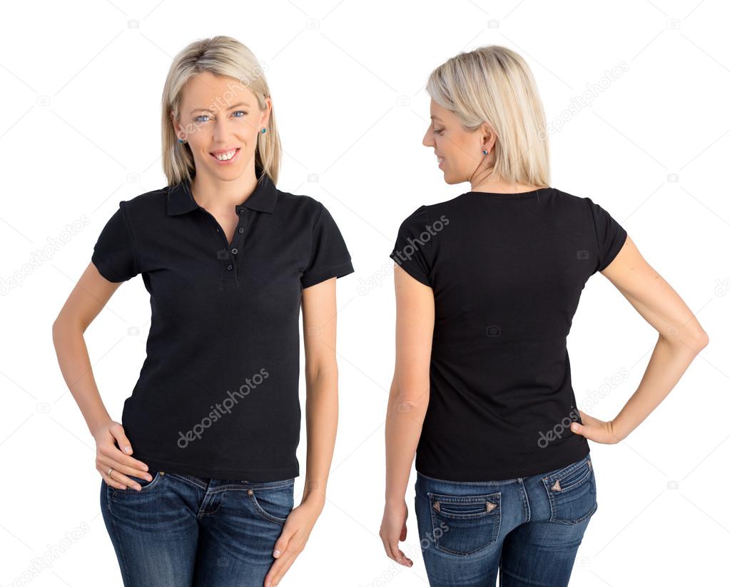 Download Woman wearing black polo shirt, front and back views ...