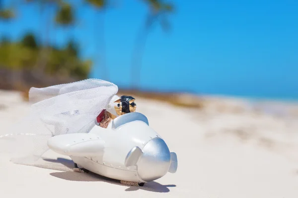 Noiva e noivo em modelo de avião de casamento pequeno na praia — Fotografia de Stock